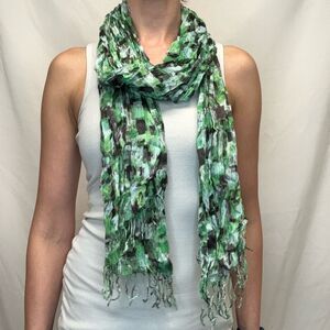The Limited Women's Abstract Watercolor Neck Scarf Tassels Green White Black OS